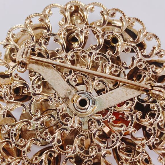 VTG 50s Mid Century Glass Floral Gold Tone Layered Rhinestone Brooch Red Orange - Picture 8 of 12